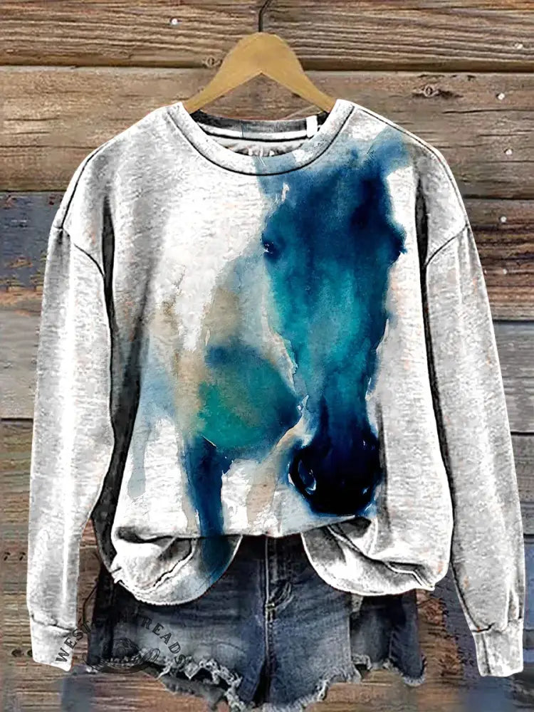 Retro Watercolor Horse Art Print Casual Cotton Sweatshirt