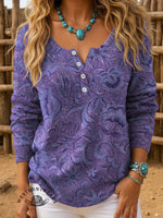 Floral Art Print Buttoned Cardigan Sweater