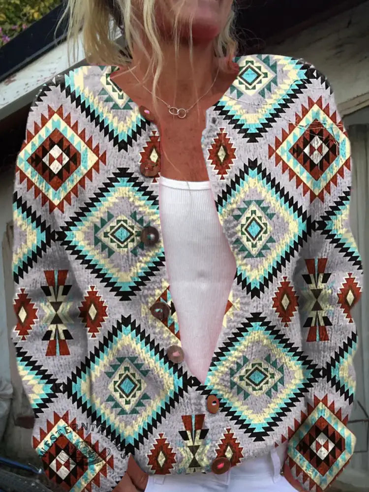 Retro Colorful Checkered Aztec Pattern Print Buttoned Cardigan Sweater