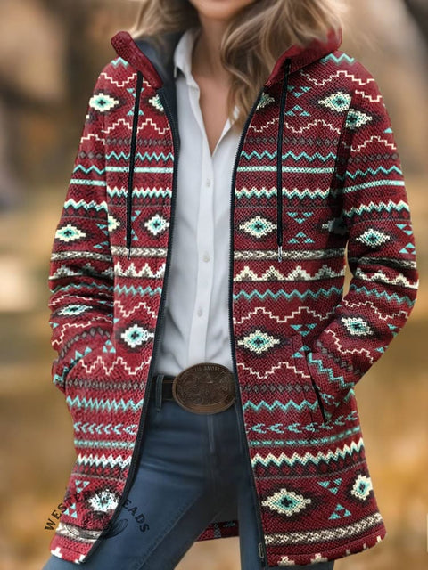 Aztec Print Unisex Plush Thick Long-sleeved Cardigan Coat