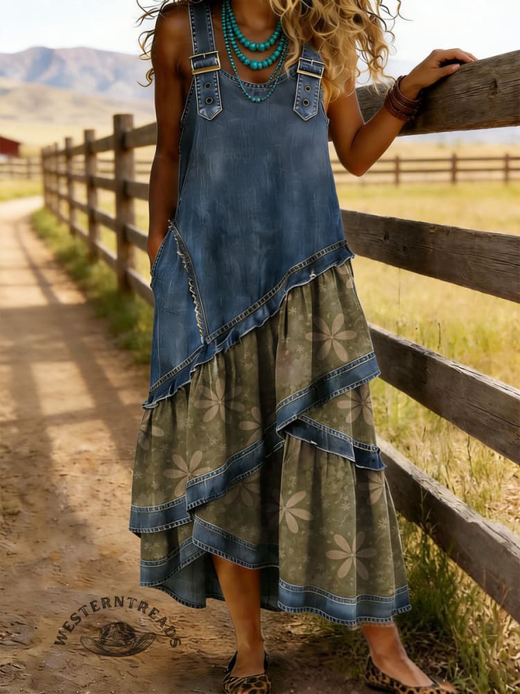 Retro Women's Floral Print Denim Patchwork Long Dress