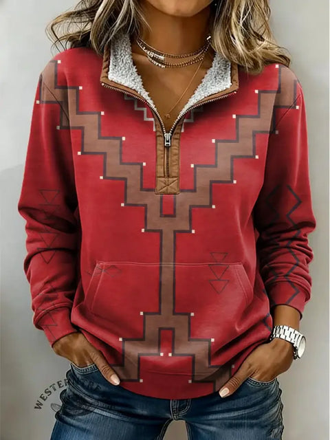 Retro Art Print Casual Half-Zip Cotton Sweatshirt