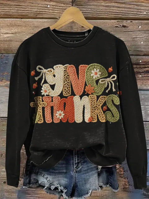 Give Thanks Print Casual Long Sleeve Top