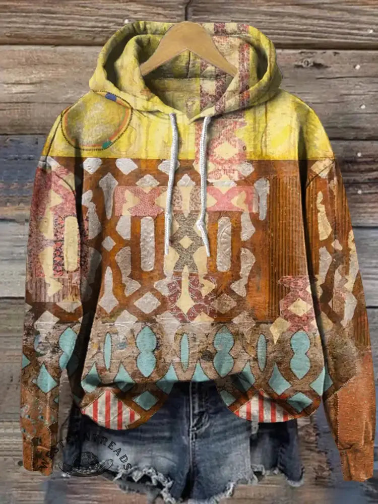 Vintage Art Print Casual Cotton Hooded Sweatshirt