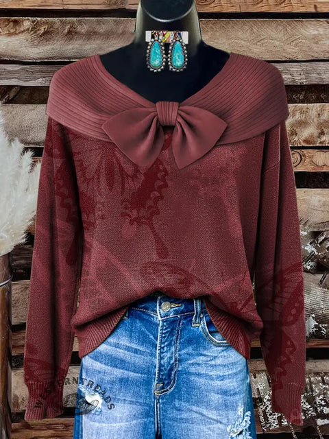 Women's retro red butterfly Print Casual Cotton Sweater