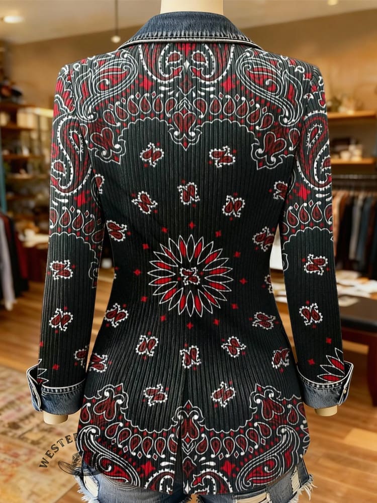 Paisley Print Patchwork Denim Sweater