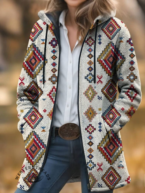 Aztec Print Unisex Plush Thick Long-sleeved Cardigan Coat