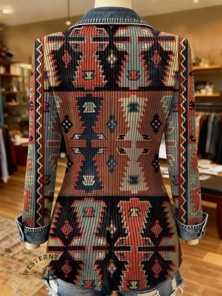 Southwestern Art Print Patchwork Denim Sweater Cardigan Coat