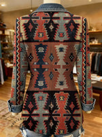 Southwestern Art Print Patchwork Denim Sweater Cardigan Coat