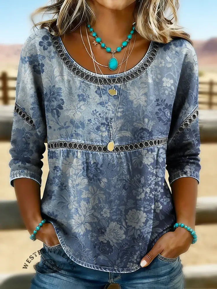 Women's Vintage Gradient Flower Print Casual Hollow Denim Shirt