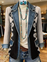 Aztec Print Patchwork Denim Sweater
