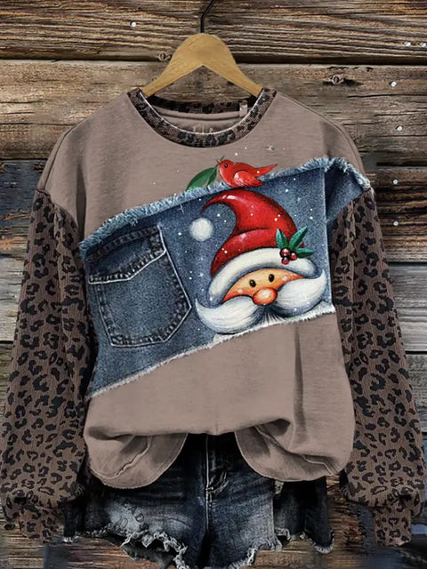 Retro Santa Claus Leopard Print Denim Patchwork Casual Cotton Sweatshirt