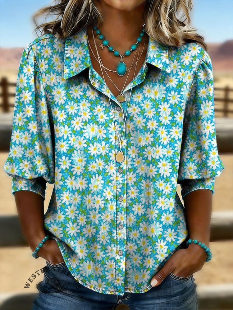 Vintage Floral Prints Casual Cotton Shirt