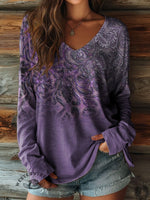 100% Cotton🍃Women's Floral Art Print Casual V-neck Long Sleeve T-shirt