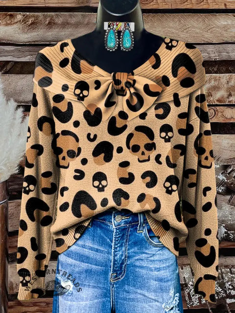 Women's Skull Leopard Print Casual Cotton Sweater