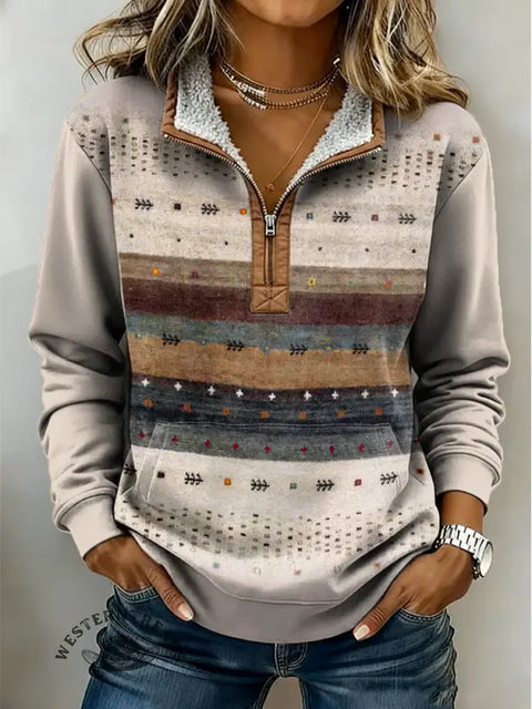 Retro Stripe Art Print Casual Half-Zip Cotton Sweatshirt