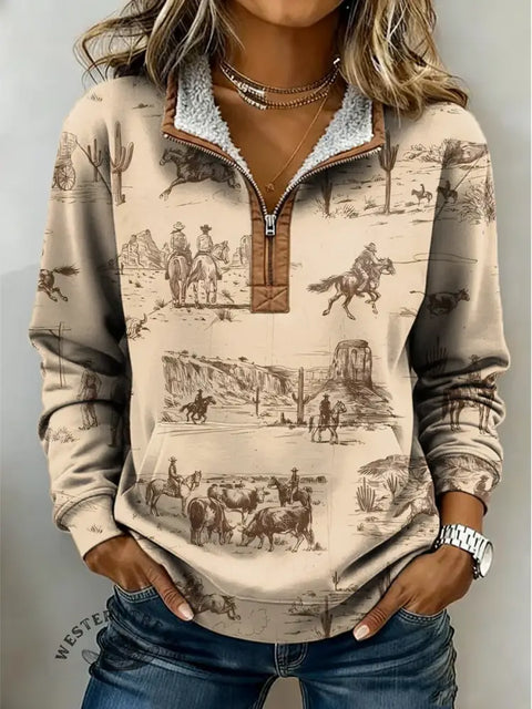 Retro Wild West Print Casual Half-Zip Cotton Sweatshirt