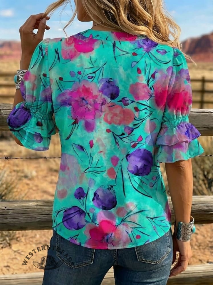 Women's Retro Floral Art Puff Sleeve Casual Shirt