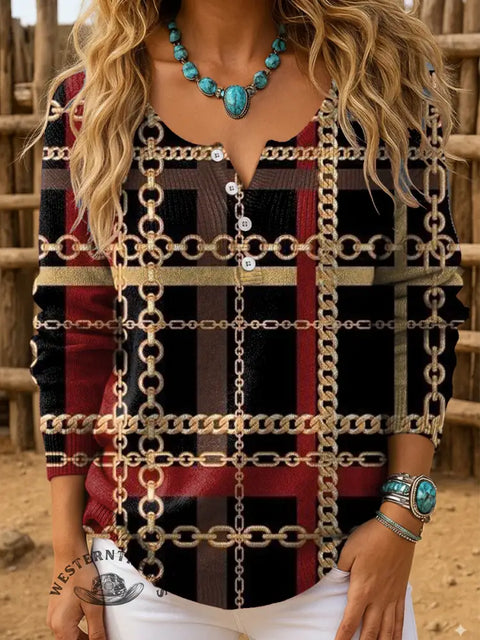 Retro Plaid iron chain Print Buttoned Cardigan Sweater