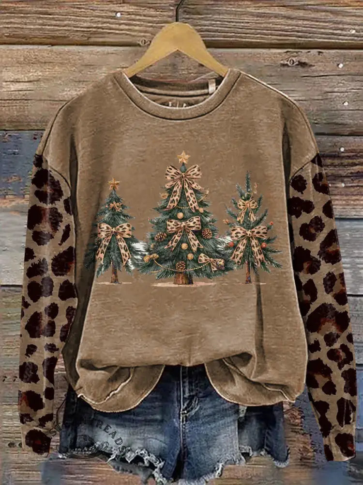Leopard Print Christmas Tree Casual Cotton Sweatshirt