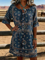 Vintage Floral Print Casual Hollow-Out Denim Dress