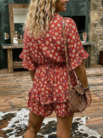 Womens Shirt Neck Ruffle Layered Drawstring Waist Shorts Jumpsuit