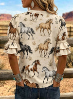 Women's Horse Art Print Puff Sleeve Casual Shirt