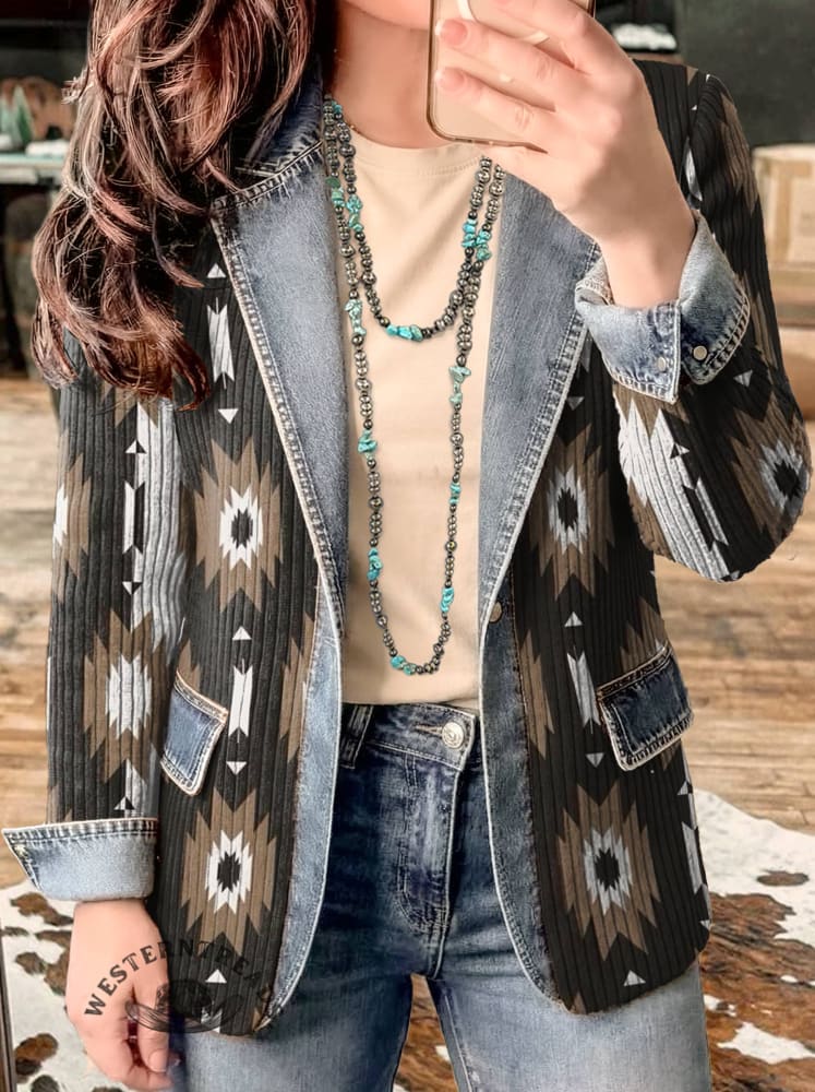 Aztec Print Patchwork Denim Sweater