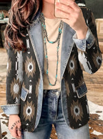 Aztec Print Patchwork Denim Sweater