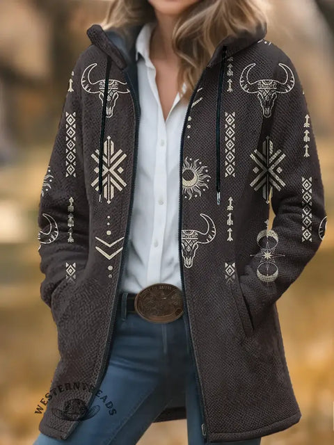Retro Minotaur Aztec Unisex Plush Thick Long-Sleeved Cardigan Coat