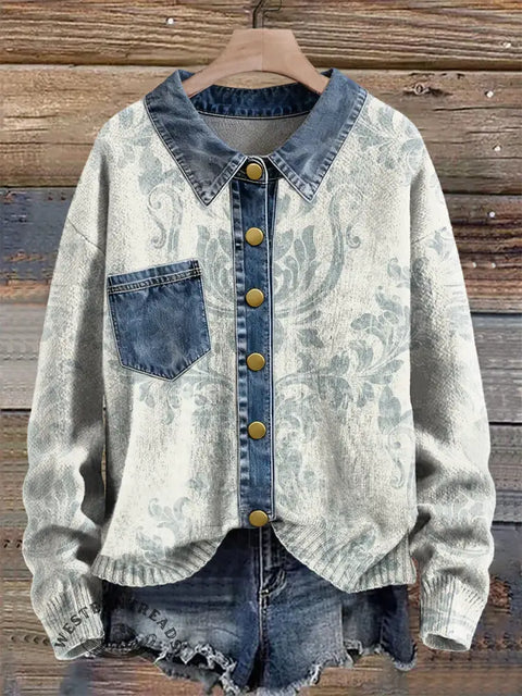 Retro Flower Print Patchwork Denim Knit Pullover Sweater