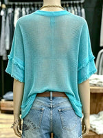 Turquoise Mesh Knit V-neck Top