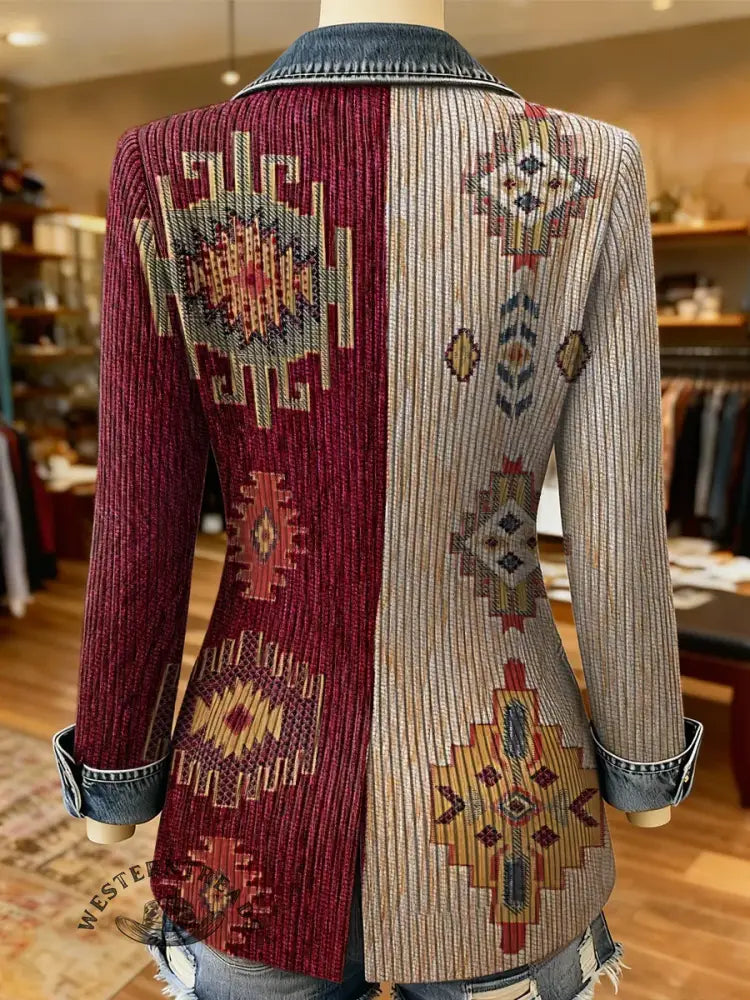 Retro Aztec Patchwork Art Print Patchwork Denim Sweater Cardigan Coat