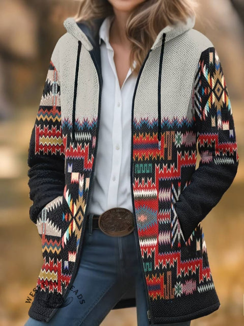 Aztec Print Unisex Plush Thick Long-sleeved Cardigan Coat
