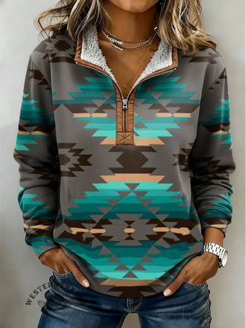 Retro Aztec Print Casual Half-zip Cotton Sweatshirt
