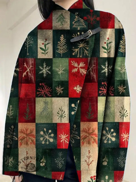 Christmas Print Buckle Long-Sleeved Cardigan Coat