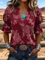 Women's Vintage Art Puff Sleeve Casual Shirt