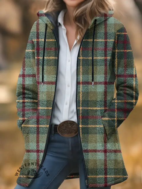 Retro Plaid Print Unisex Plush Thick Long-sleeved Sweater Cardigan Coat