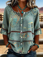 Women's Vintage Print Casual Hollow Denim Shirt