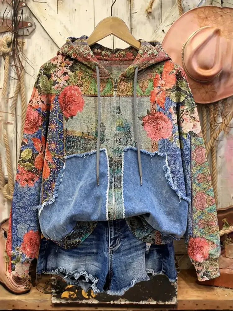 Retro Print Casual Cotton Patchwork Hooded Zip-up Sweatshirt