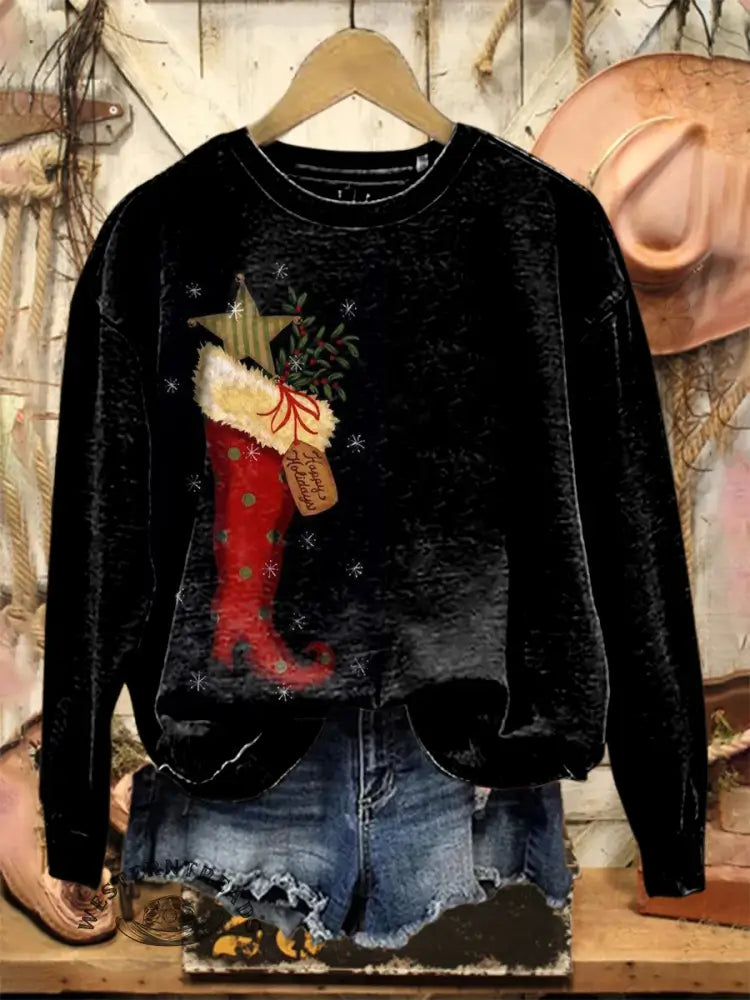 Vintage Christmas Stockings Print Casual Cotton Sweatshirt