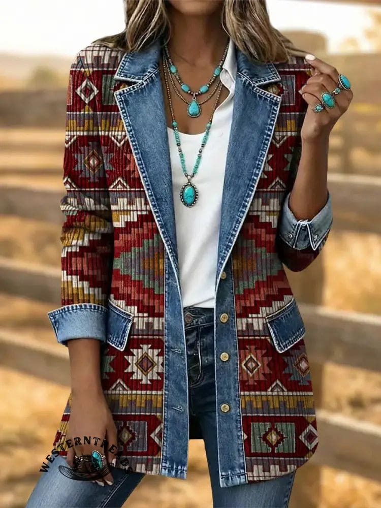 Vintage Aztec Art Print Patchwork Denim Coat