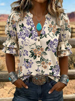 Women's Floral Cow Print Puff Sleeve Casual Shirt