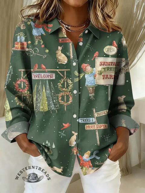 Women's retro Christmas Print Casual Cotton Shirt