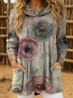 Vintage Art Print Casual Knitted Pocket Hooded Tunic Top