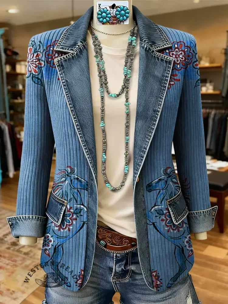 Retro Horse Floral Print Patchwork Denim Sweater Cardigan Coat