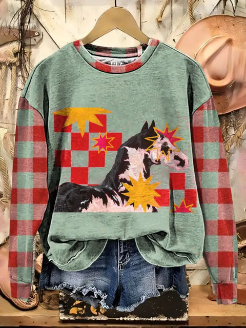 Retro Horse Art Print Casual Cotton Sweatshirt