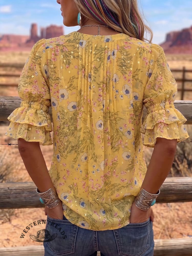 Vintage Art Print Comfortable Summer Fabrics Puff Sleeve Casual Shirt