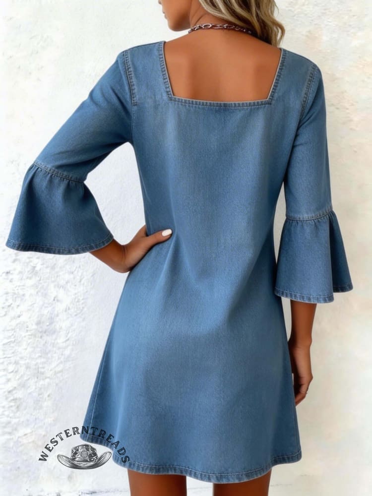 Women's Retro Flared Sleeve Mid-Length Sleeve Pocket Denim Dress