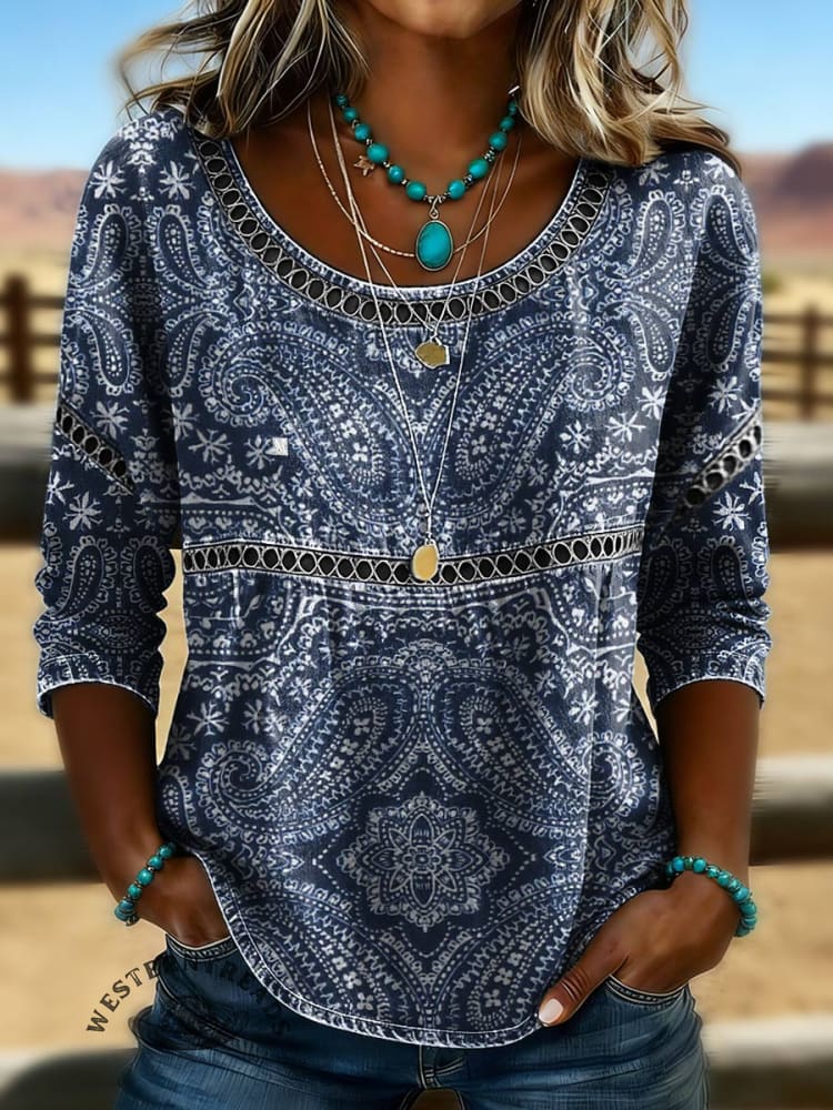 Women's Vintage Paisley Print Casual Hollow Denim Shirt